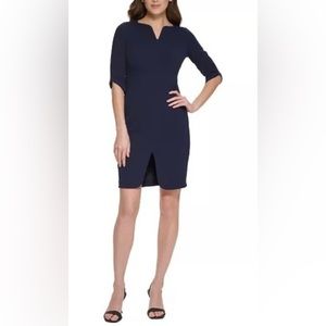 Calvin Klein Petite Zippered Elbow-Sleeve Sheeth Dress in Indigo Size 4P